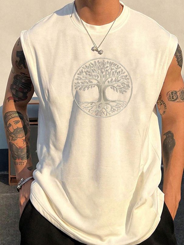 100% Pure Cotton Men's Summer Casual Sports Fitness Loose Tree Of Life Pattern Printed Breathable Round Neck Sleeveless Vest_viptrois.com