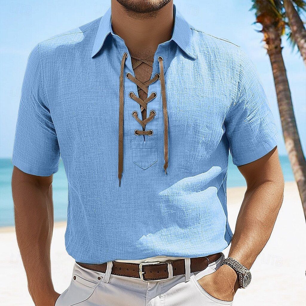 Men's Linen Short Sleeve Shirt - Large Size V Neck With Lapel & Tie Detail, Casual Fashion Top For Summer_viptrois.com