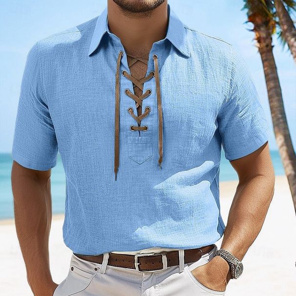 Men's Linen Short Sleeve Shirt - Large Size V Neck With Lapel & Tie Detail, Casual Fashion Top For Summer_viptrois.com