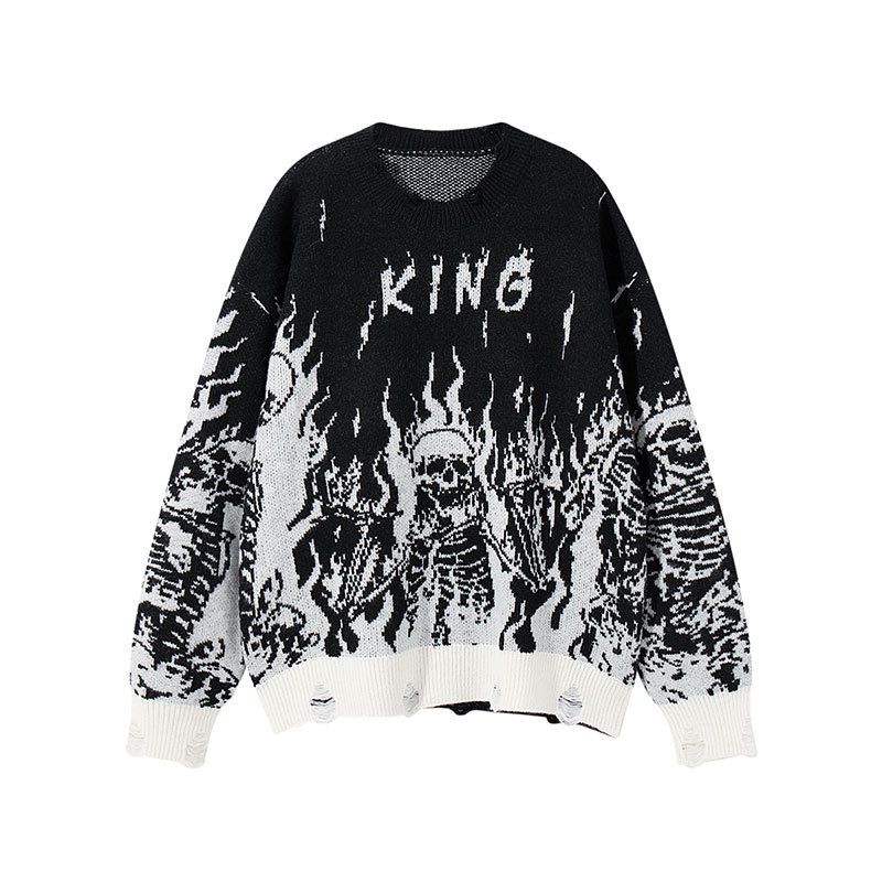 Andre Skull Jacquard Sweater – Oversized Unisex Crewneck Knit, Trendy Couple’s Pullover, 100% Polyester, Gothic Streetwear For Men & Women_viptrois.com
