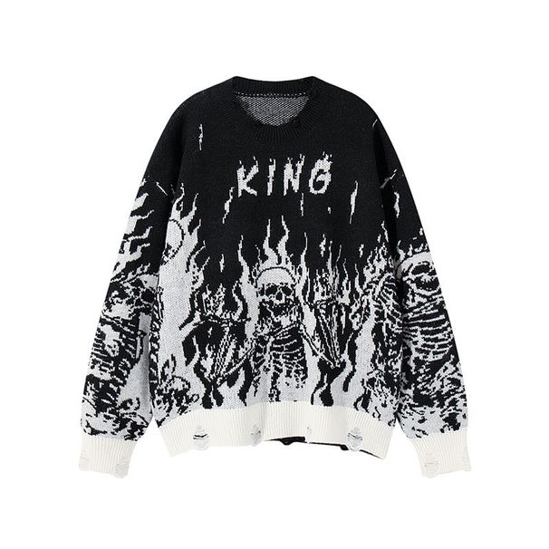 Andre Skull Jacquard Sweater – Oversized Unisex Crewneck Knit, Trendy Couple’s Pullover, 100% Polyester, Gothic Streetwear For Men & Women_viptrois.com