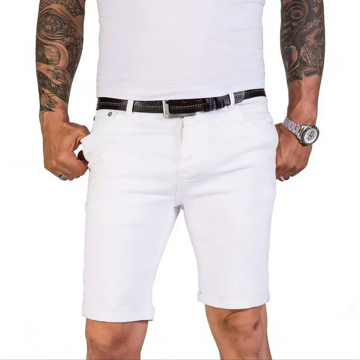 Men's White Denim Shorts Simple Stylish Business-Like Summer Wear_viptrois.com