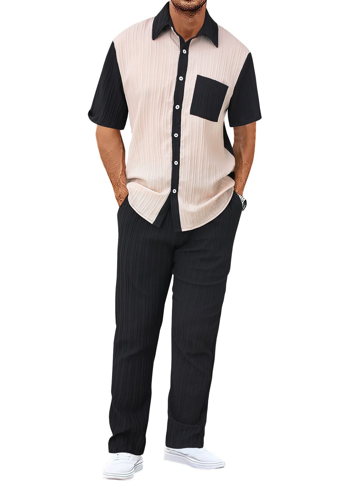 Men's Clothing Casual Loose Waffle Stitching Corduroy Short Sleeved Trousers Suit Two Piece Suit_viptrois.com