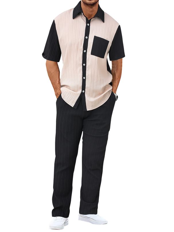 Men's Clothing Casual Loose Waffle Stitching Corduroy Short Sleeved Trousers Suit Two Piece Suit_viptrois.com
