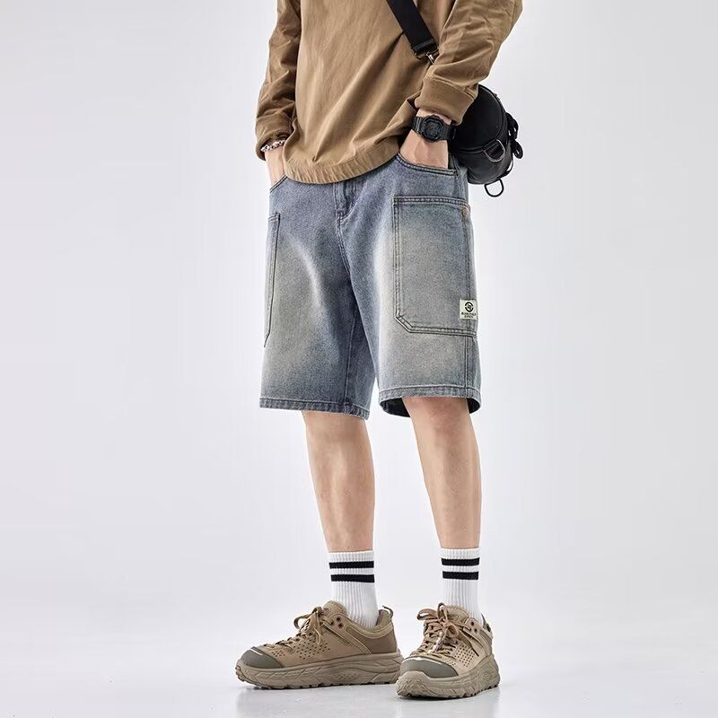 Men's Clothing Workwear Denim Shorts Men's High Street Fashion Straight Leg Fall Feeling Large Pocket Wide Leg Retro Cropped Trousers_viptrois.com