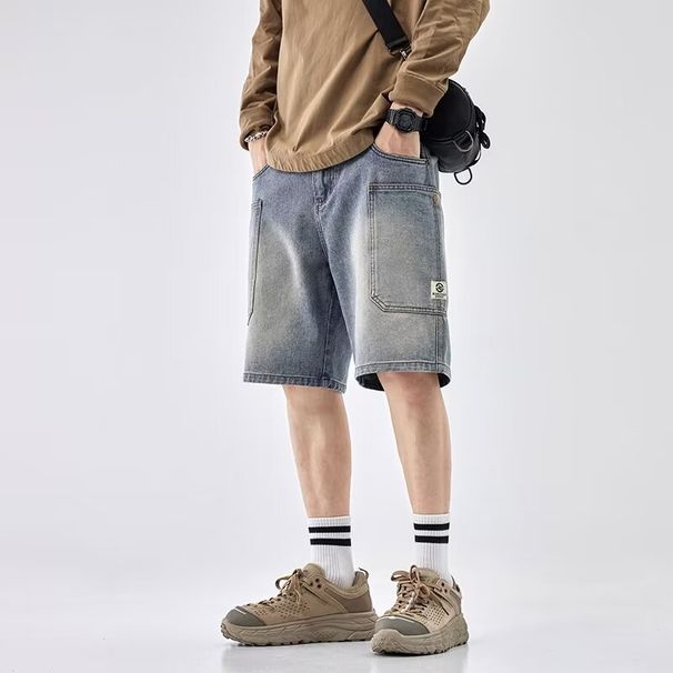 Men's Clothing Workwear Denim Shorts Men's High Street Fashion Straight Leg Fall Feeling Large Pocket Wide Leg Retro Cropped Trousers_viptrois.com