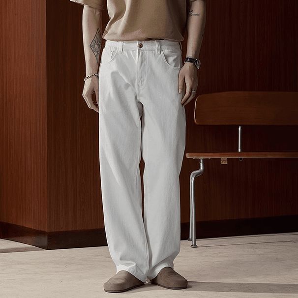 White Jeans Men's Spring Autumn Loose Straight Versatile Casual Pants, High Street Trendy And Cool Wide Leg Long Pants_viptrois.com