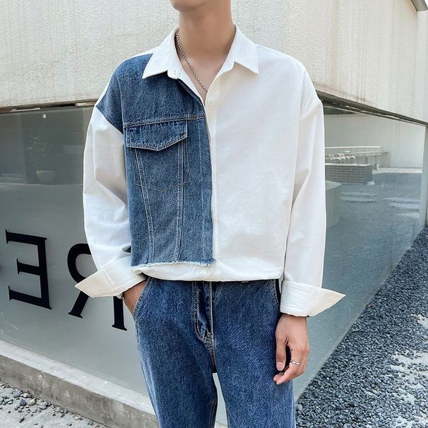Men's Clothing Spring And Autumn New Long Sleeve Shirt Casual Loose Small Design Contrast Color Splicing Denim Shirt_viptrois.com