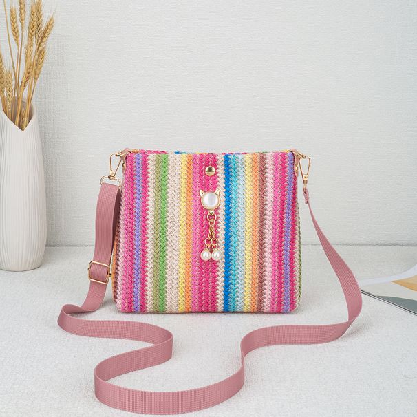 Women's New Rainbow Woven Crossbody Bag - Sweet & Stylish Inspired Shoulder Purse With Owl Pearl Charm_viptrois.com