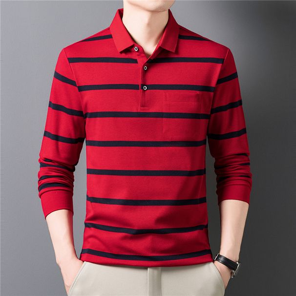 Counter Autumn Winter New Long Sleeve Men's Cotton Striped Top Casual Polo Shirt Turn-Down Collar Pocket T-Shirt_viptrois.com