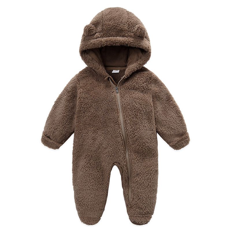 Soft Fleece Hooded Baby Jumpsuit With Mittens - Unisex Cartoon Style Infant Romper For Newborns - Cozy Zipper Closure, Long Sleeve, Neutral Colors_viptrois.com