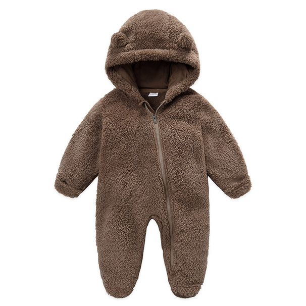 Soft Fleece Hooded Baby Jumpsuit With Mittens - Unisex Cartoon Style Infant Romper For Newborns - Cozy Zipper Closure, Long Sleeve, Neutral Colors_viptrois.com