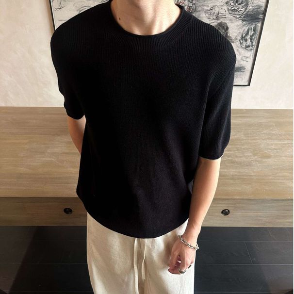 Men's Clothing Luxury Summer Knitted Cotton Twisted Yarn Old Money Loose Breathable Round Neck Short Sleeved Knitted Sweater_viptrois.com