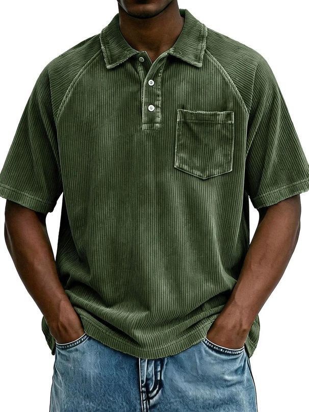 Men's Clothing Button Down Collar Casual Corduroy Men's Corduroy Short Sleeve Button-Up Shirt - Relaxed Fit, Breathable Polyester, 10 Colors (S-4XL)_viptrois.com