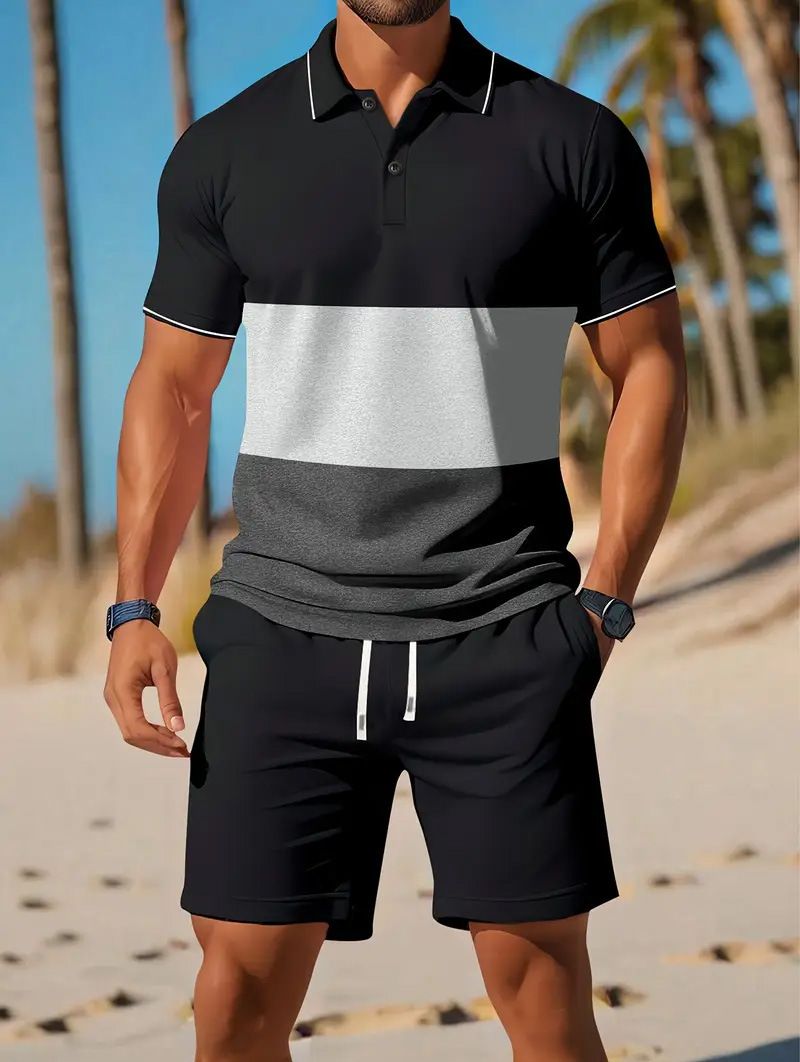 Men's Clothing New Casual Contrast Color Polo Lapel Shirt Short Sleeved Suit_viptrois.com