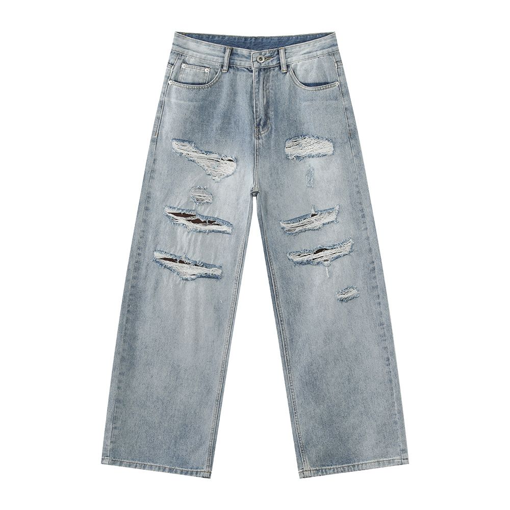 Men's Distressed Vintage Blue Jeans – Relaxed Straight-Leg Ripped Denim With Raw Hem & Grunge Aesthetic (S-XL, Mid-Rise, Zip Fly)_viptrois.com