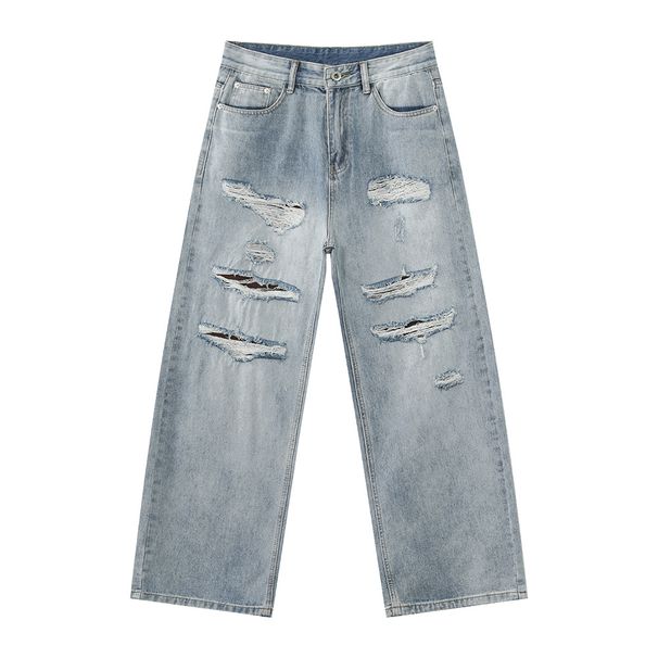 Men's Distressed Vintage Blue Jeans – Relaxed Straight-Leg Ripped Denim With Raw Hem & Grunge Aesthetic (S-XL, Mid-Rise, Zip Fly)_viptrois.com