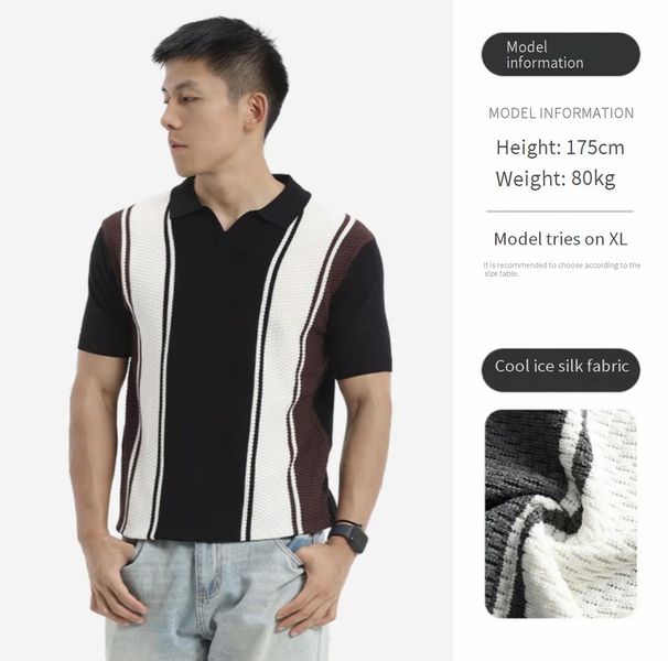 Herringbone Stripe Knit Ice Silk Short Sleeve Polo Shirt Men Summer Casual Breathable Slim Fit Collared Top_viptrois.com