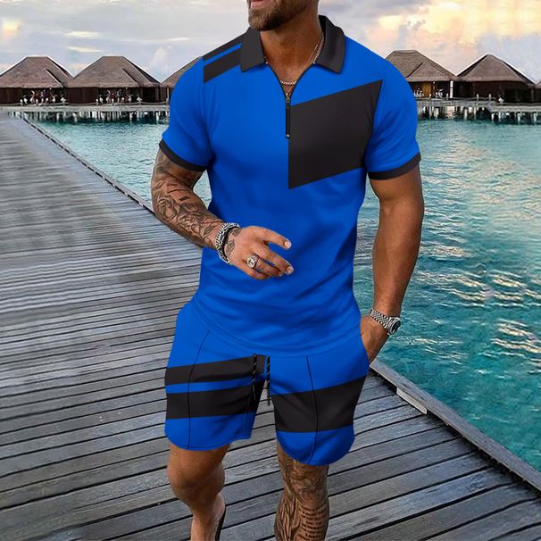 Men's Clothing Summer Digital Printing Leisure Sports Lapel Short Sleeve Zipper Shorts Set_viptrois.com