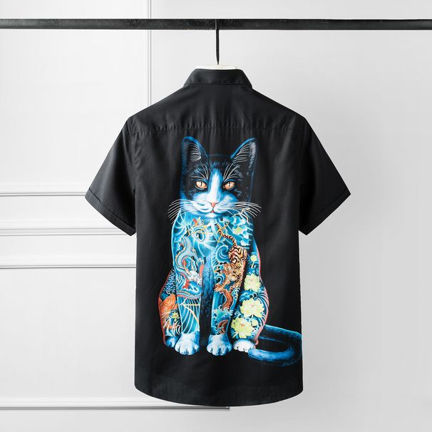Cat Print Men's Short Sleeve Shirt - Wrinkle-Free Cotton Slim Fit Casual Shirt With Digital Art Design_viptrois.com