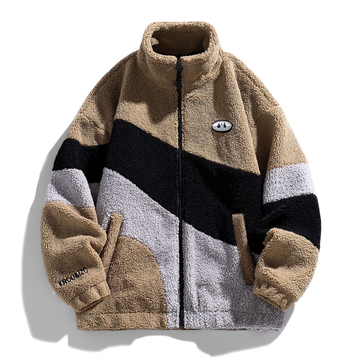 Men's Clothing Fashionable Stand Up Collar Long Sleeved Trendy Stand Collar Long Sleeve Zip-Up Color Block Lambswool Jacket Cozy Winter Outerwear_viptrois.com