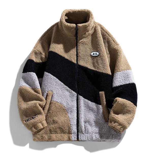 Men's Clothing Fashionable Stand Up Collar Long Sleeved Trendy Stand Collar Long Sleeve Zip-Up Color Block Lambswool Jacket Cozy Winter Outerwear_viptrois.com