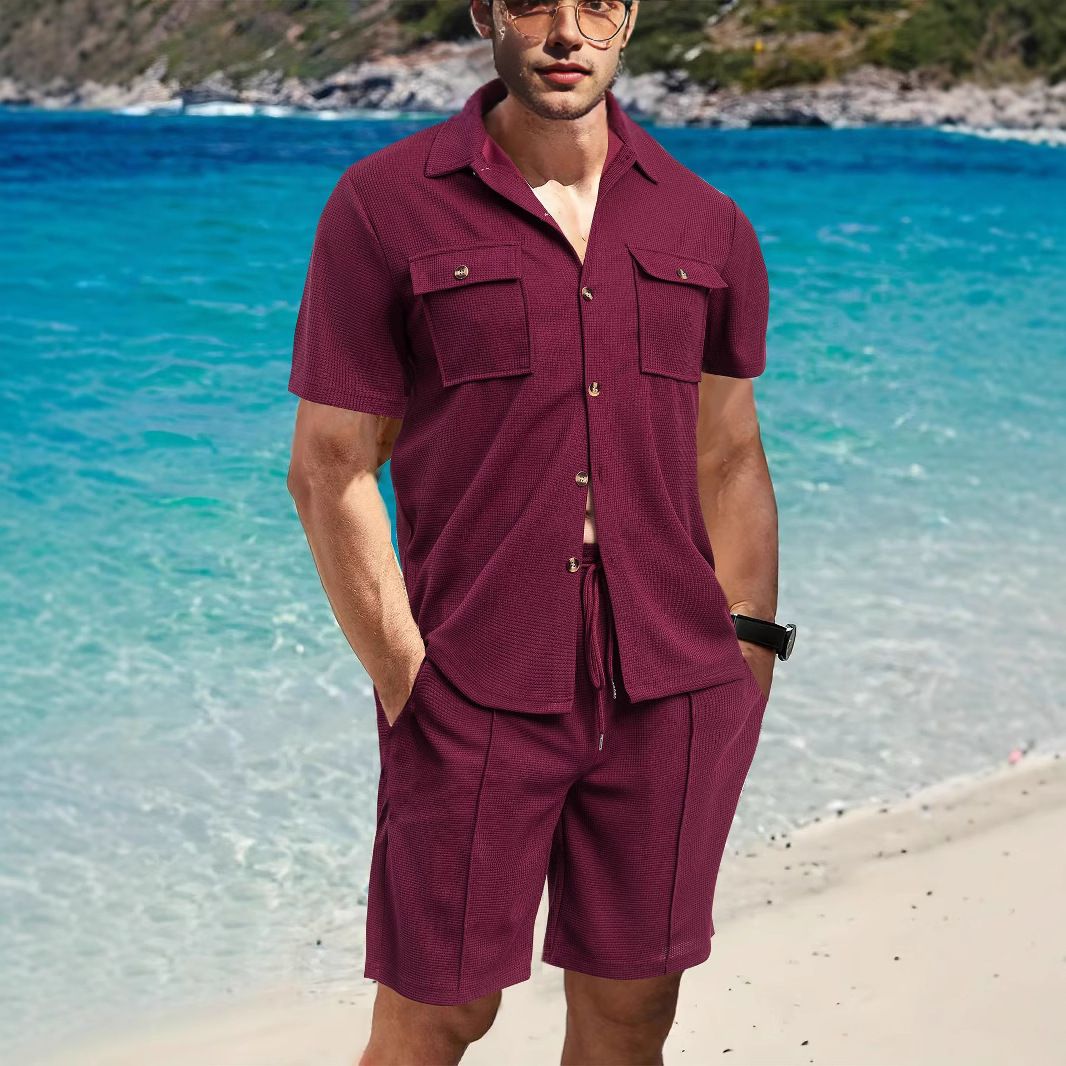 Men's Clothing Waffle Texture Short Sleeve Shirt Shorts Set Breathable Outfit, Casual (Black, Grey, Wine Red, Khaki, Dark Green, White) - S-XXXL_viptrois.com