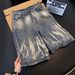 Unisex American Style Hip Hop Lightning Bolt Pattern Denim Capri Shorts Retro Washed Loose Wide Leg Cross Border Men's Clothing_viptrois.com