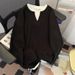 Men's Clothing Long Sleeved T Shirt Waffle Knit Long Sleeve T-Shirt, Casual Oversized V-Neck Pullover, Retro Loose Fit Top For Spring & Autumn_viptrois.com