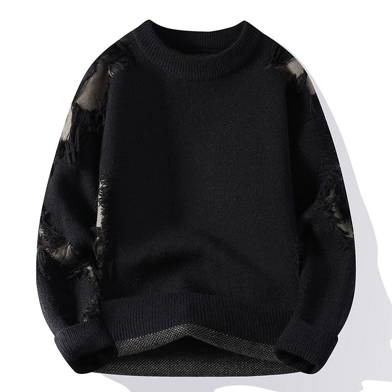 Men's Pullover Crew Neck Ripped Long Sleeve Korean Version Men's Sweater Warm Casual Knitted Sweater_viptrois.com