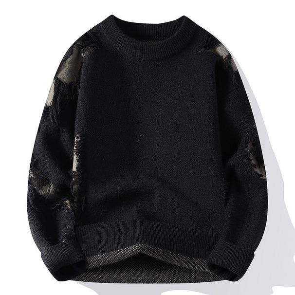 Men's Pullover Crew Neck Ripped Long Sleeve Korean Version Men's Sweater Warm Casual Knitted Sweater_viptrois.com