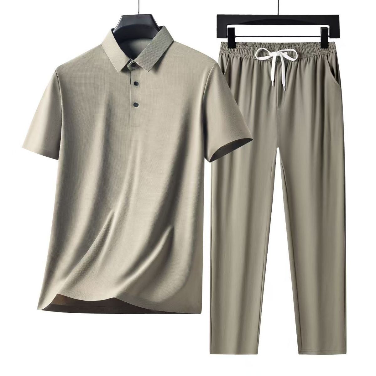 Men's Clothing Middle Aged And Young Lapel Seamless Cool Breathable Short Sleeved T Shirt Trousers Casual Suit_viptrois.com