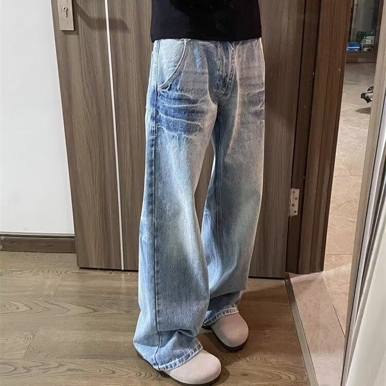 Men’s Clothing Cracked Design Washed Light Blue Jeans For Men Trend Casual All Match Loose Straight Trousers_viptrois.com