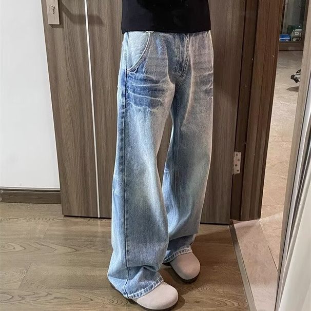 Men’s Clothing Cracked Design Washed Light Blue Jeans For Men Trend Casual All Match Loose Straight Trousers_viptrois.com