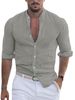 Men's Clothing 2025 New Solid Color Linen Stand Collar Cardigan Long Sleeve Loose Men's Shirt_viptrois.com