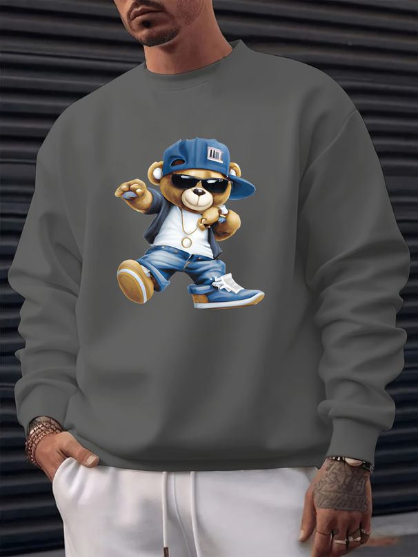 Men's Loose Casual Fashionable Cool Bear Pattern Printed Round Neck Long Sleeved Sweatshirt For Autumn And Winter_viptrois.com