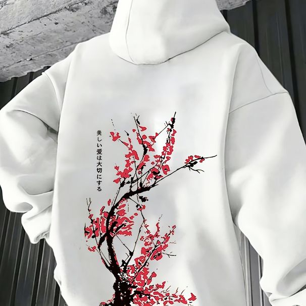Men's Autumn And Winter Casual Fashionable Loose Hoodie With Plum Blossom Print Warm Long Sleeved Pullover Sweater_viptrois.com