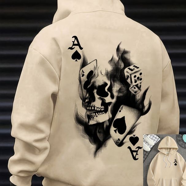 Men's Autumn And Winter Casual And Fashionable Loose Hooded Sweatshirt With Skull Pattern Printed Warm Long Sleeved Pullover_viptrois.com