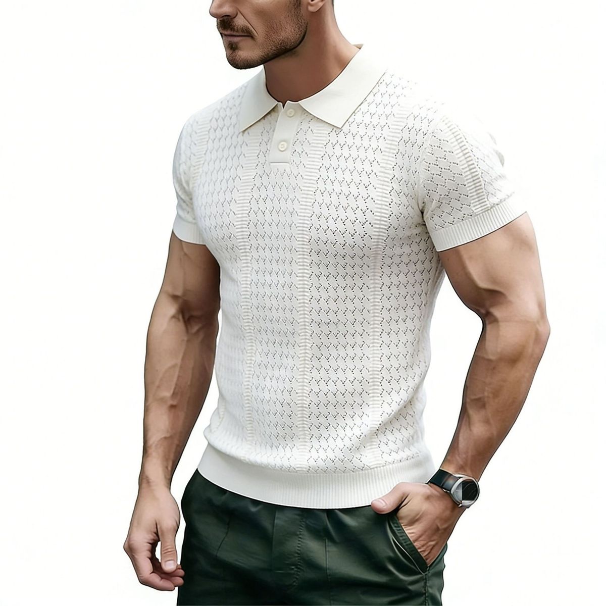 2026 New Model POLO Shirt Short-Sleeve Knitted T-Shirt Men's Collarless Open-Worked Texture Vintage Style_viptrois.com