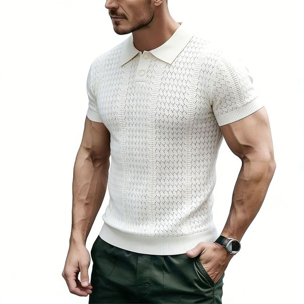2026 New Model POLO Shirt Short-Sleeve Knitted T-Shirt Men's Collarless Open-Worked Texture Vintage Style_viptrois.com
