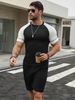 Men's Sports Short Sleeve Shorts Set Elastic Color Block Raglan Sleeves_viptrois.com