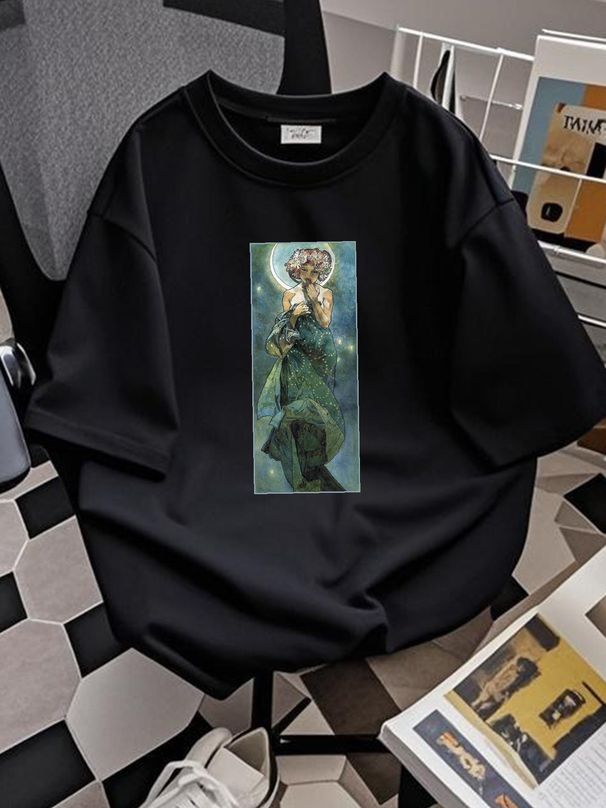 Alphonse Mucha Clair De Lune T Shirt Stylish Breathable Casual Top For Everyday Wear Designer Clothes Comfortable Fashion Soft Graphic Streetwear_viptrois.com