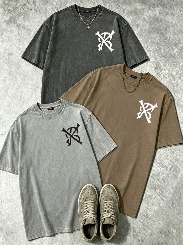 100% Cotton Washed Vintage Men's 3-Pack T-shirts Gothic Cross Monogram Print Crew Neck Short Sleeve Casual Tops In Gray Brown Light Gray_viptrois.com