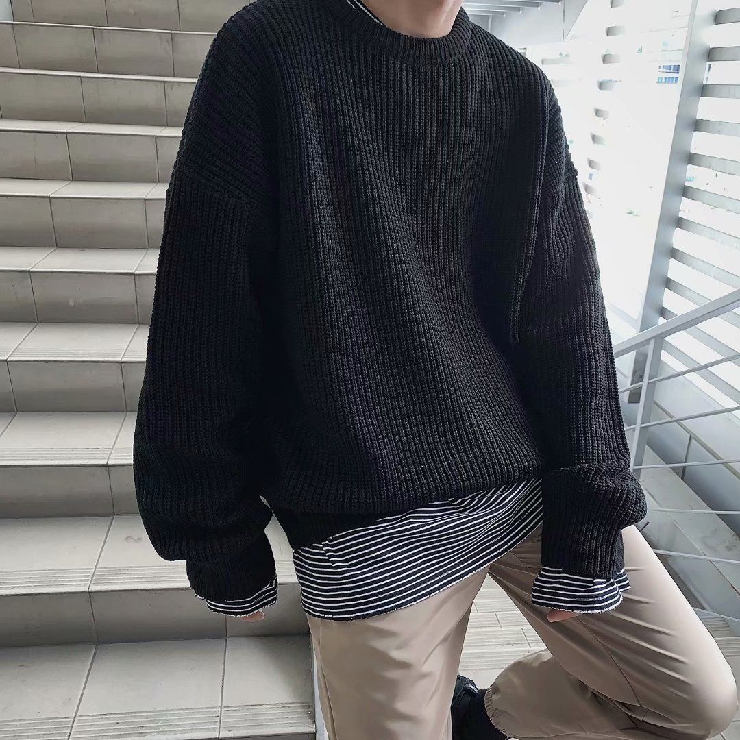 Men's Casual Knit Sweater, Oversized Round Neck Pullover, Thickened Winter Thermal Top, Streetwear Style (M/L/XL/XXL/3XL/4XL)_viptrois.com