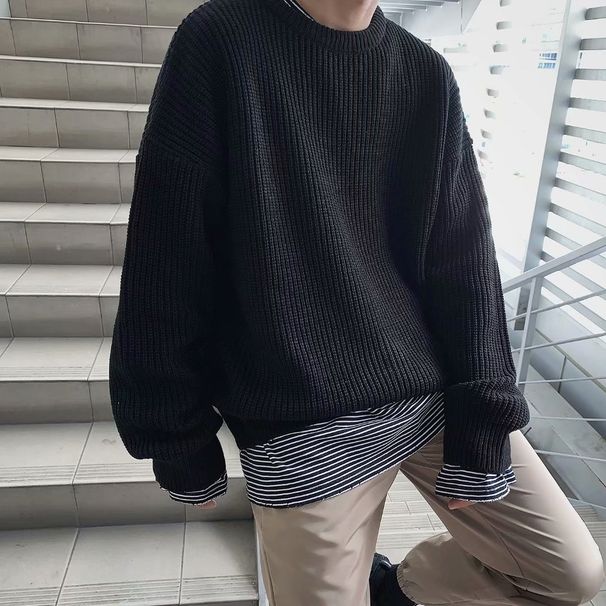 Men's Casual Knit Sweater, Oversized Round Neck Pullover, Thickened Winter Thermal Top, Streetwear Style (M/L/XL/XXL/3XL/4XL)_viptrois.com