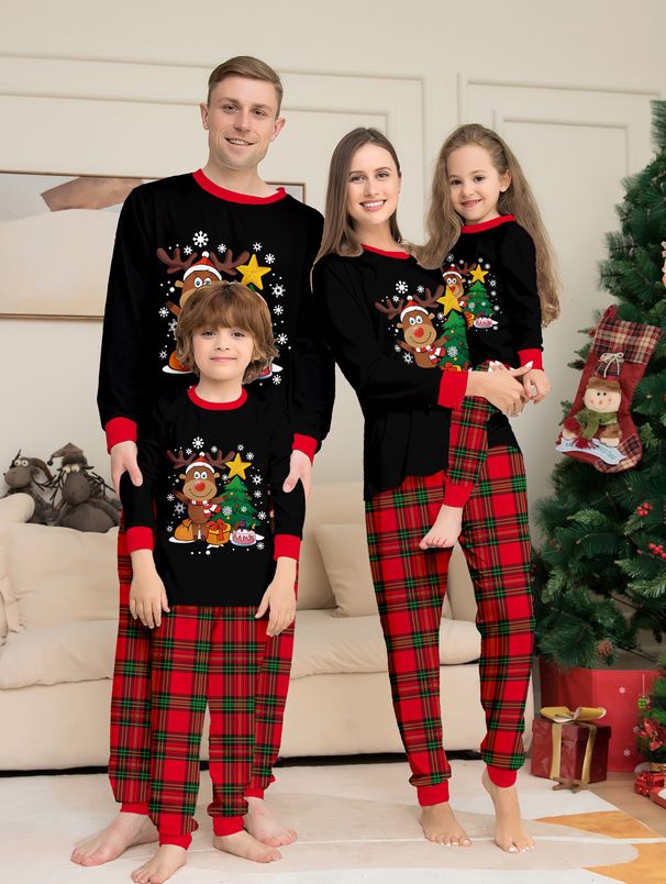 Christmas Fawn Snowflake plaid family Christmas print home suit set_viptrois.com