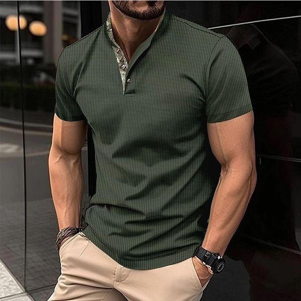 Men's Summer Fashion Short Sleeved T-shirt Men's Business Casual Henley Shirt Breathable Solid Color Stand Up Collar Top_viptrois.com
