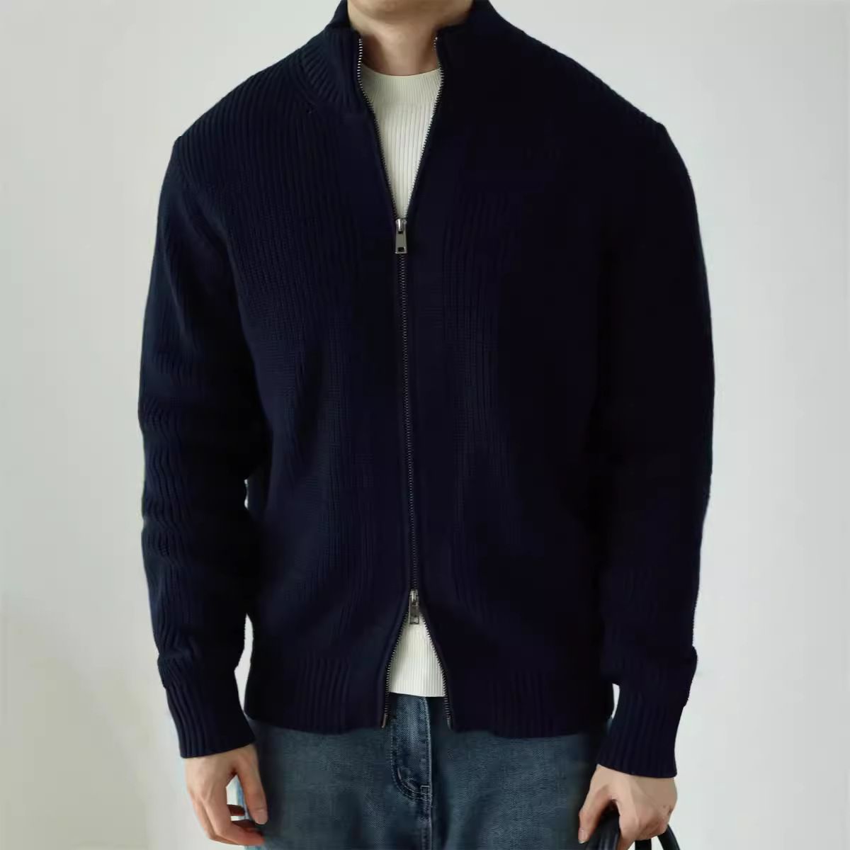 Men’s Semi-High Neck Zip-Front Knit Sweater – Anti-Pilling Modal Blend Heavyweight Cardigan For Autumn & Winter_viptrois.com