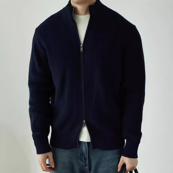 Men’s Semi-High Neck Zip-Front Knit Sweater – Anti-Pilling Modal Blend Heavyweight Cardigan For Autumn & Winter_viptrois.com