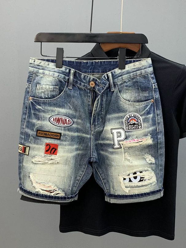 Men's Clothing Ripped Denim Shorts Men's Trendy Brand Personality Scraped Beggars Shorts Loose Large Size Breeches Summer Thin_viptrois.com